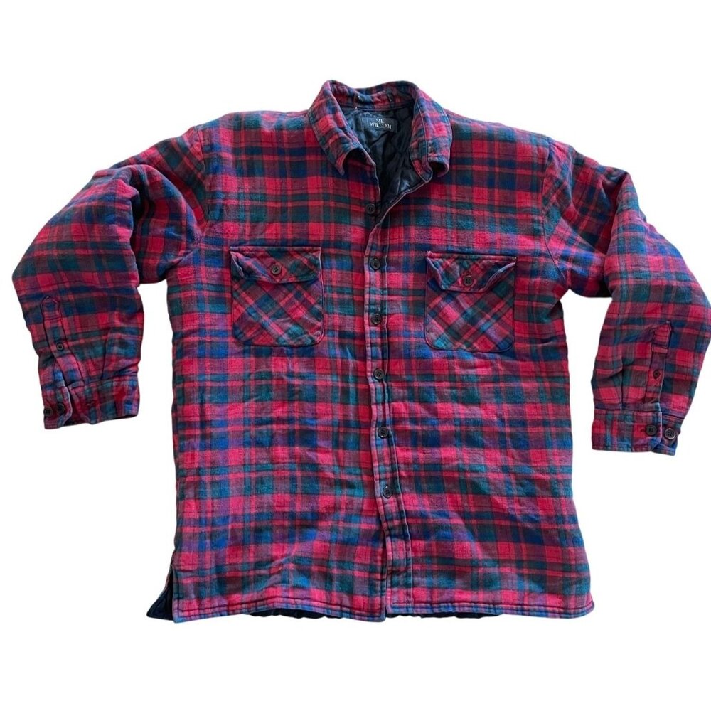 Vintage 90s Plaid Quilted Flannel Jacket Men’s L Worn Grunge Shacket Streetwear